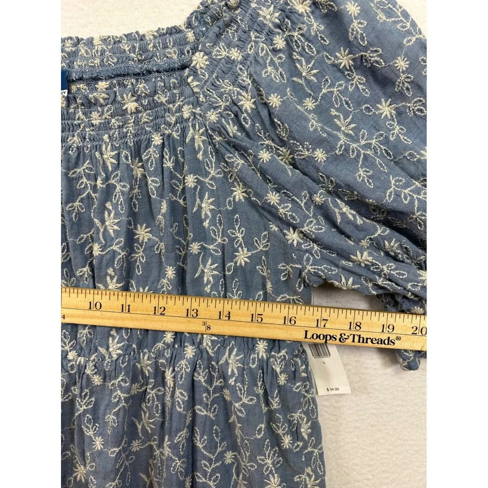 Cottagecore Boho Old Navy Womens Large Blue Embroidered Smocked Puff Sleeve Top